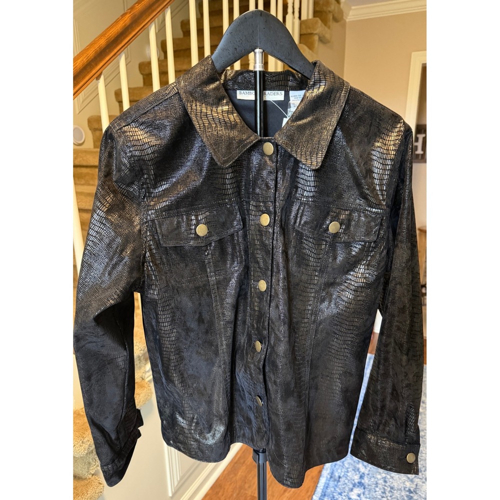 Bamboo Traders Women Blk Metallic Snakeskin Embossed Button Front Jacket Black M